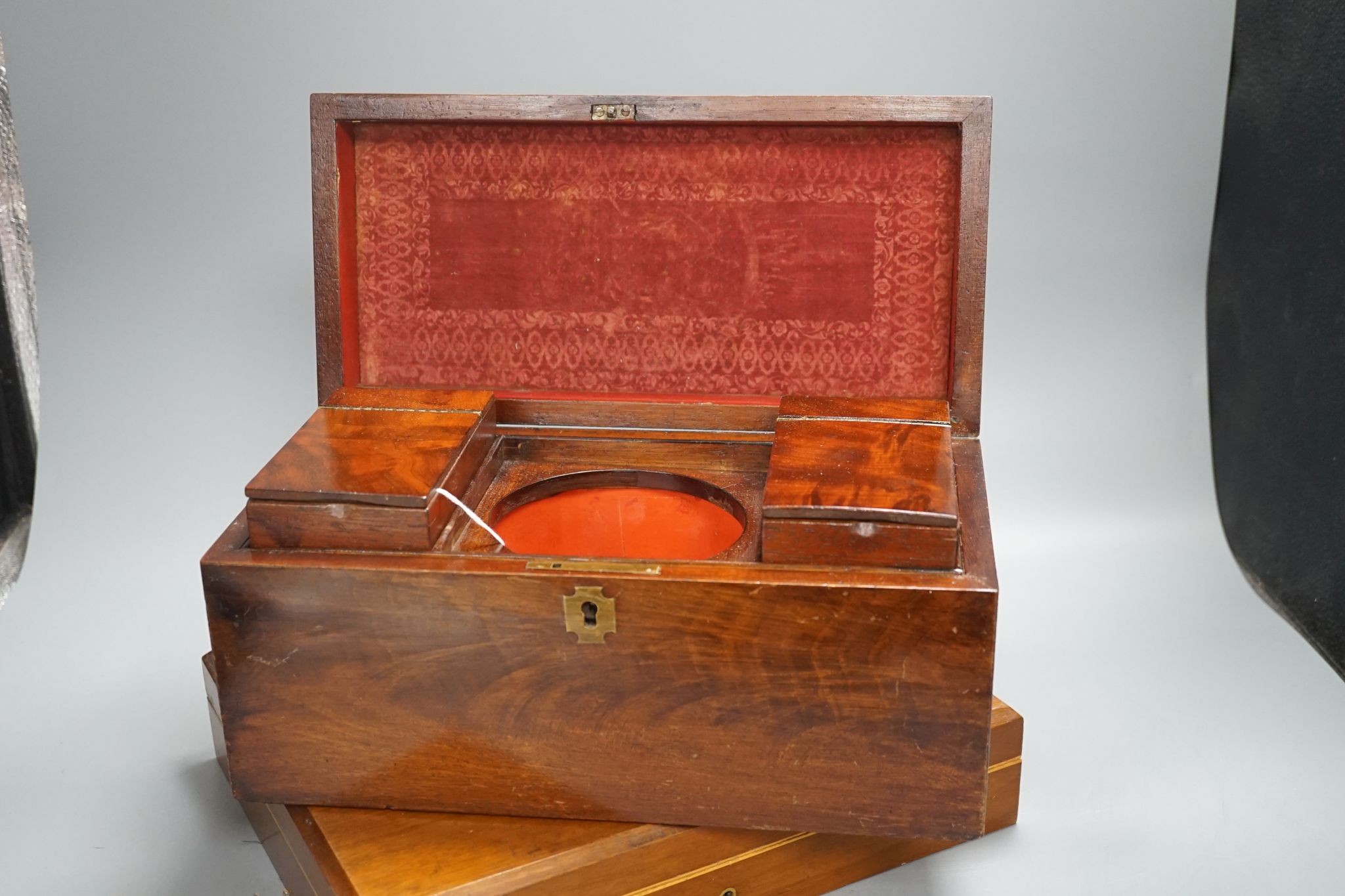 A Victorian plated fish service and a Victorian mahogany tea caddy